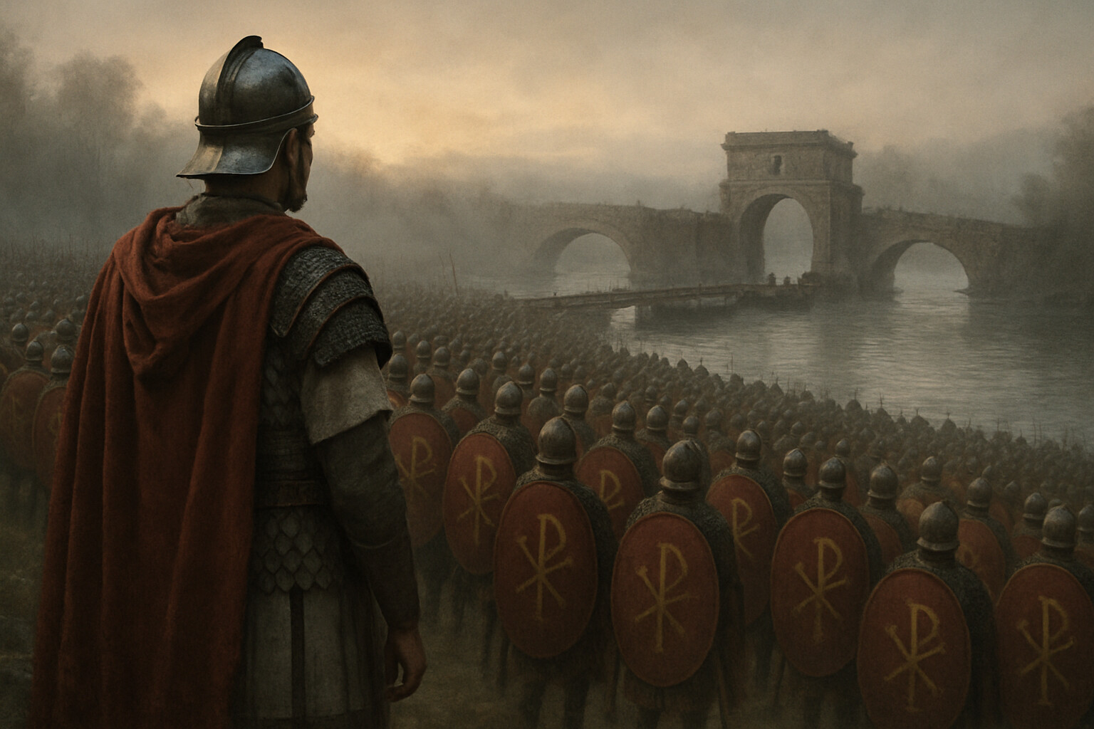 Cold open — dawn at the Milvian Bridge. Constantine stands at the head of his assembled army on the north bank of the Tiber, the partially dismantled ancient stone bridge visible in the middle distance, a rough pontoon structure of moored boats replacing the damaged span. Morning mist rises from the autumn Tiber. Thousands of soldiers behind him carry oval shields painted with the Chi-Rho monogram.