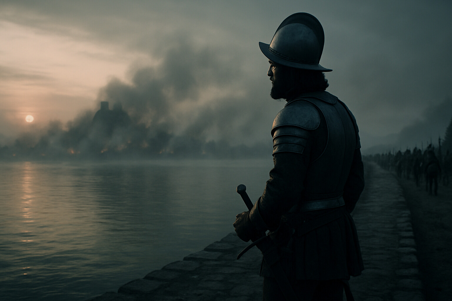 Cold open: Hernán Cortés on the causeway at dawn, looking toward the smoke-shrouded skyline of Tenochtitlan across the lake. The Templo Mayor pyramid visible in the distance above the haze.