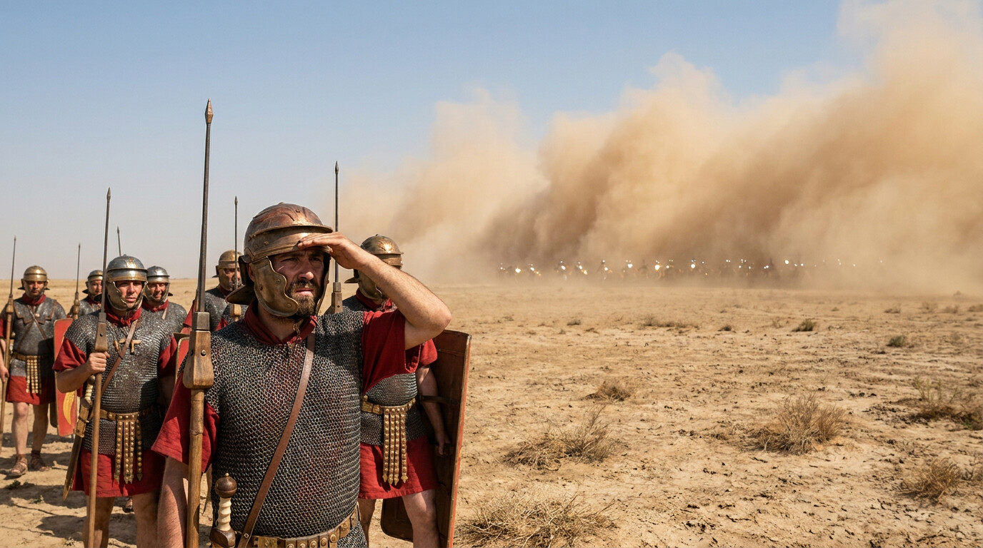 Cold open: The moment the Roman column first sees the Parthian dust clouds rising on the horizon—the soldiers in formation, shields raised, staring outward across the flat desert plain as distant shapes resolve into horsemen and glittering armor.