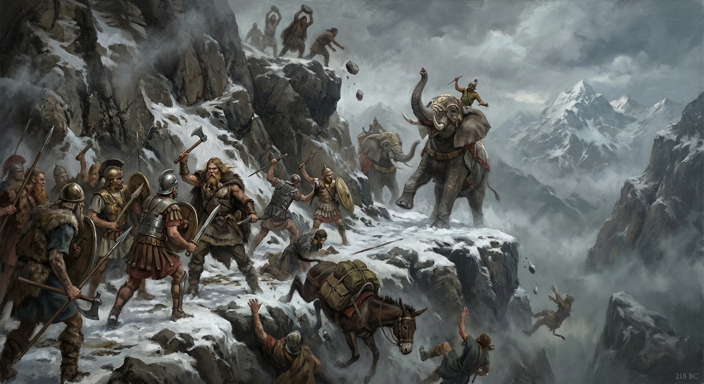 Hannibal's men using fire and vinegar to crack alpine rock