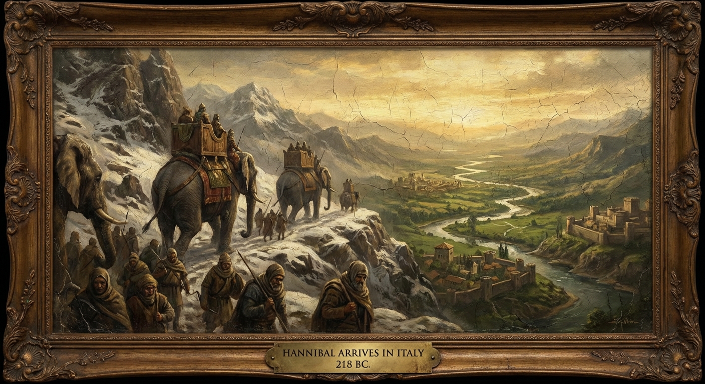 Hannibal's army descending from the Alps into Italy