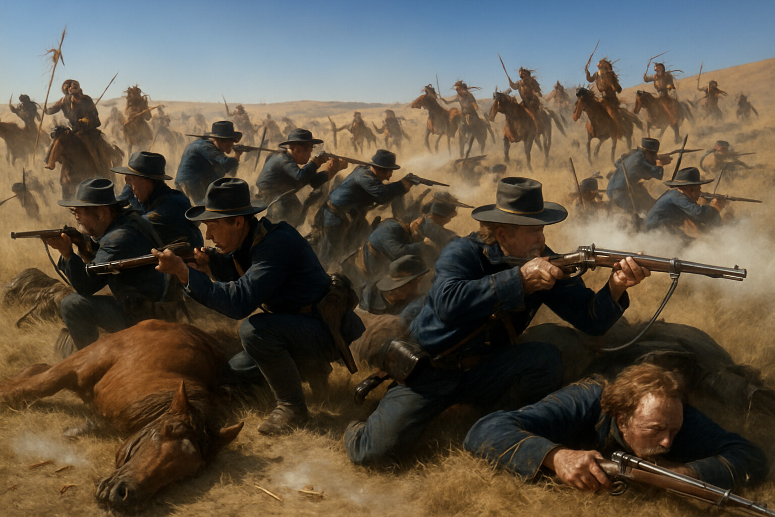 Cold open: The final moments on Custer Hill. A cluster of 7th Cavalry troopers in blue uniforms, some kneeling behind dead horses, firing Springfield carbines toward warriors closing in from multiple directions across dusty ridgelines. Dust and gun smoke fill the air. The light is harsh afternoon summer sun on Montana grassland. The troopers' faces show exhaustion and determination, not panic.