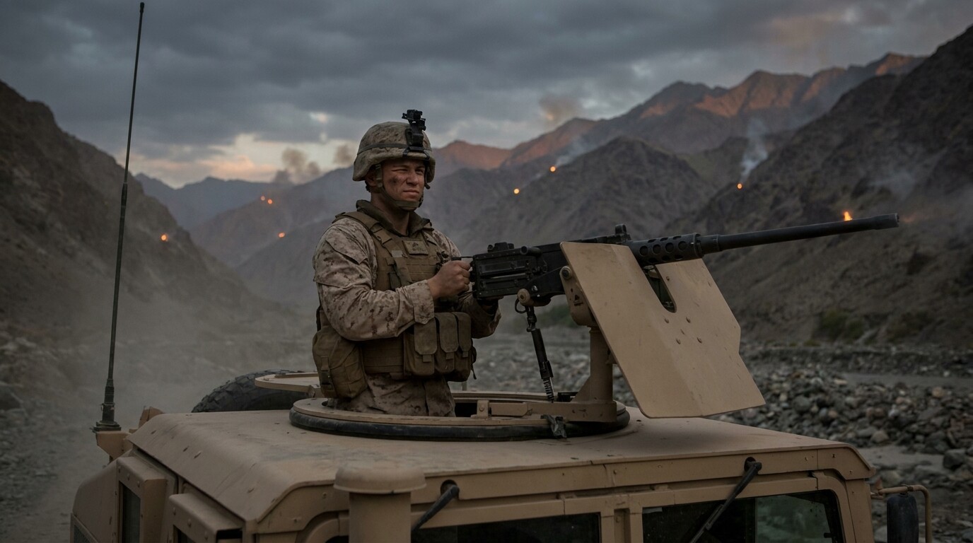 Cold open: Meyer in the turret of the gun truck, gripping the crew-served weapon, face set and determined, dawn light just beginning to gray the mountain ridgelines of the Ganjgal Valley. The vehicle is pointed toward the valley entrance. Fire and smoke visible on the ridgelines ahead.