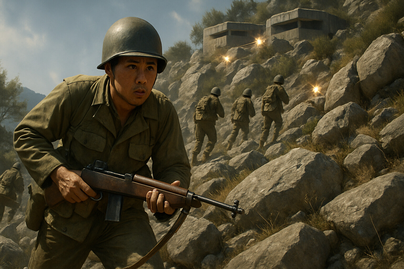 Lieutenant Inouye leading his men up the rocky Italian slope toward the German pillboxes, under machine gun fire