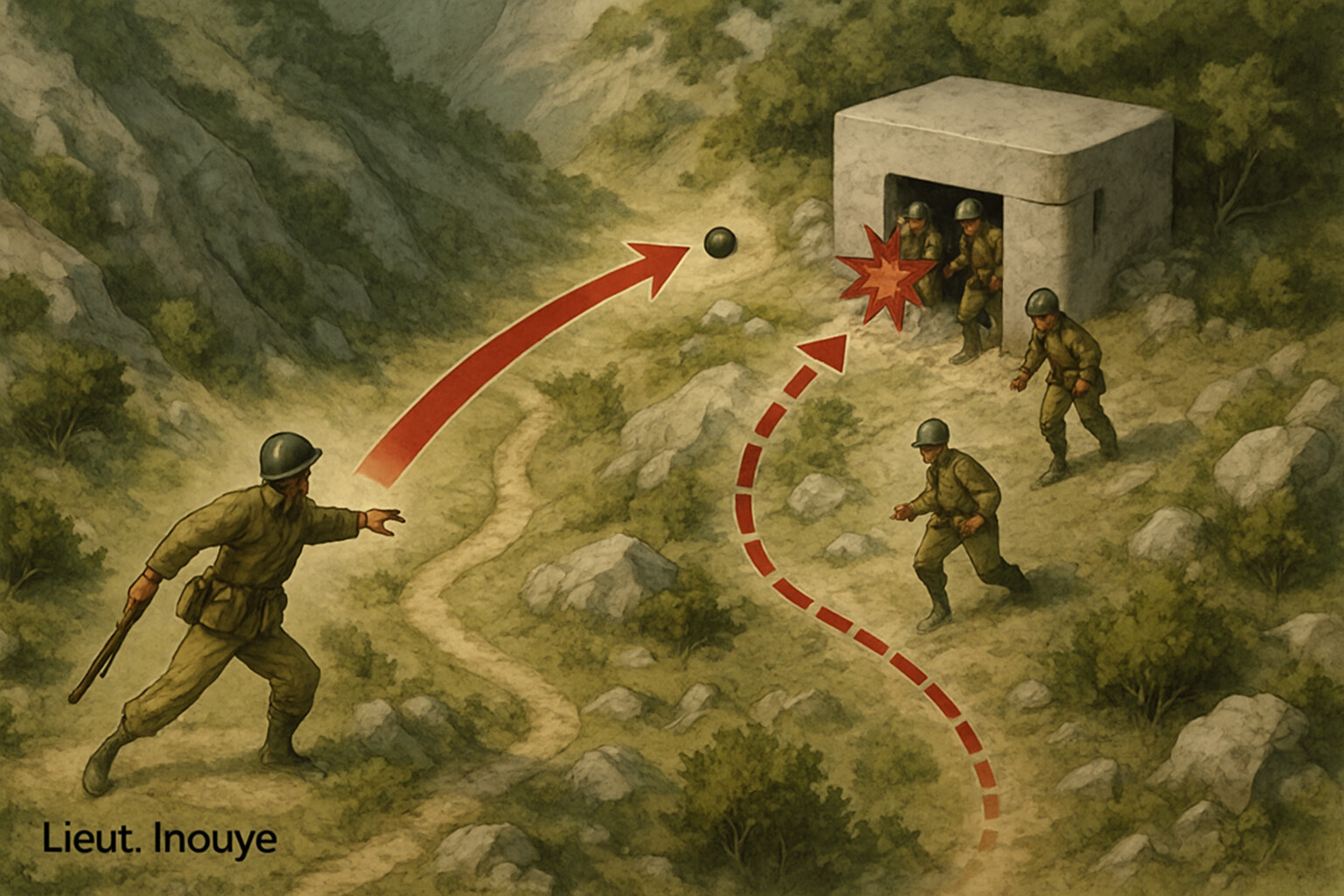 Inouye throwing the grenade left-handed toward the German machine gun position as enemy soldiers emerge
