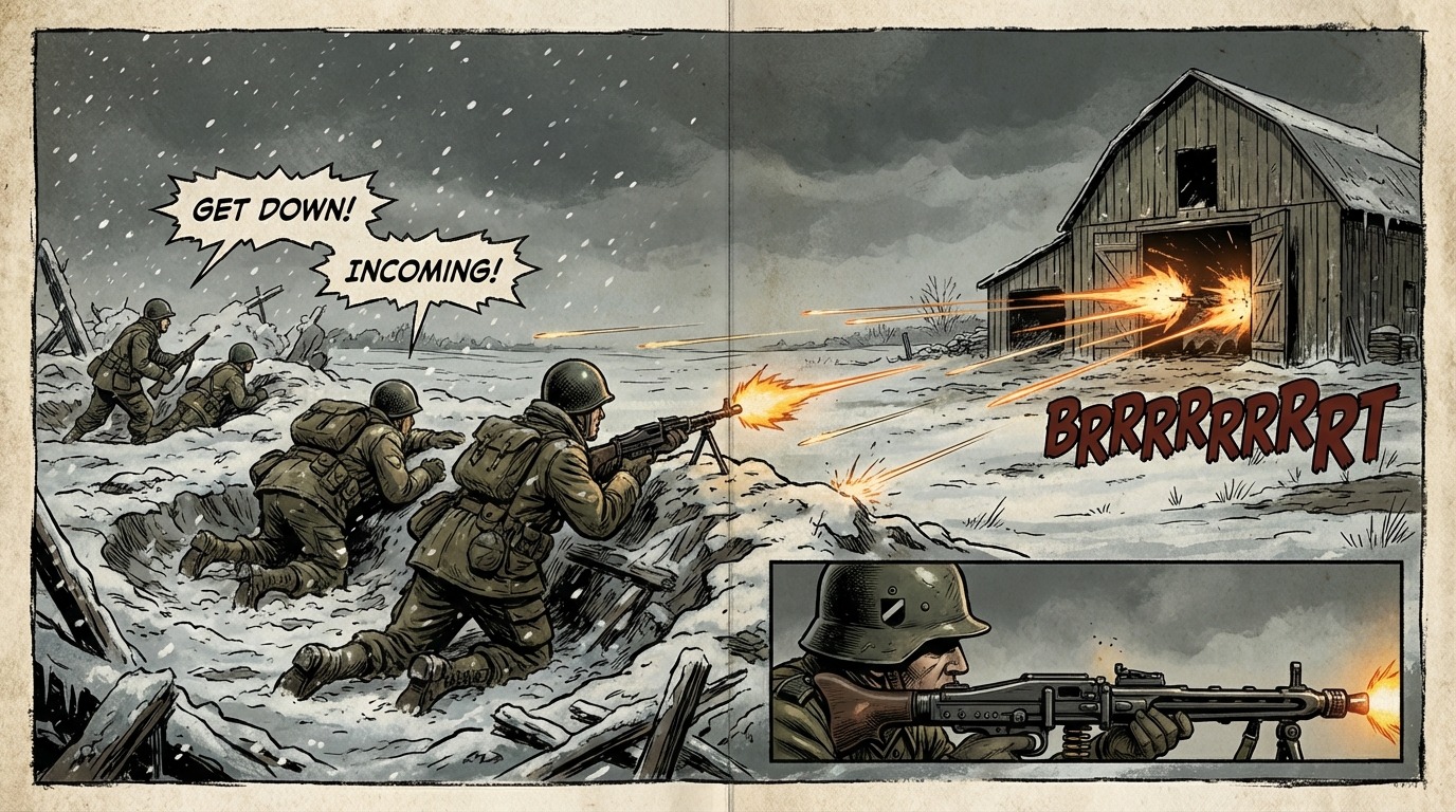 The German MG42 opens fire from the barn, cutting down American soldiers in the snowy field