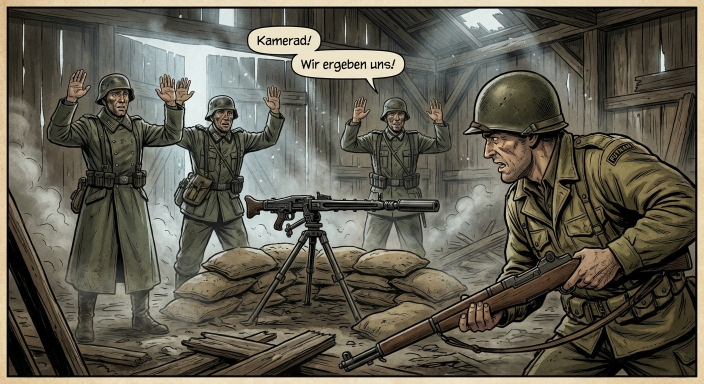 Inside the barn after the grenade explosions, German soldiers surrendering to Putnam