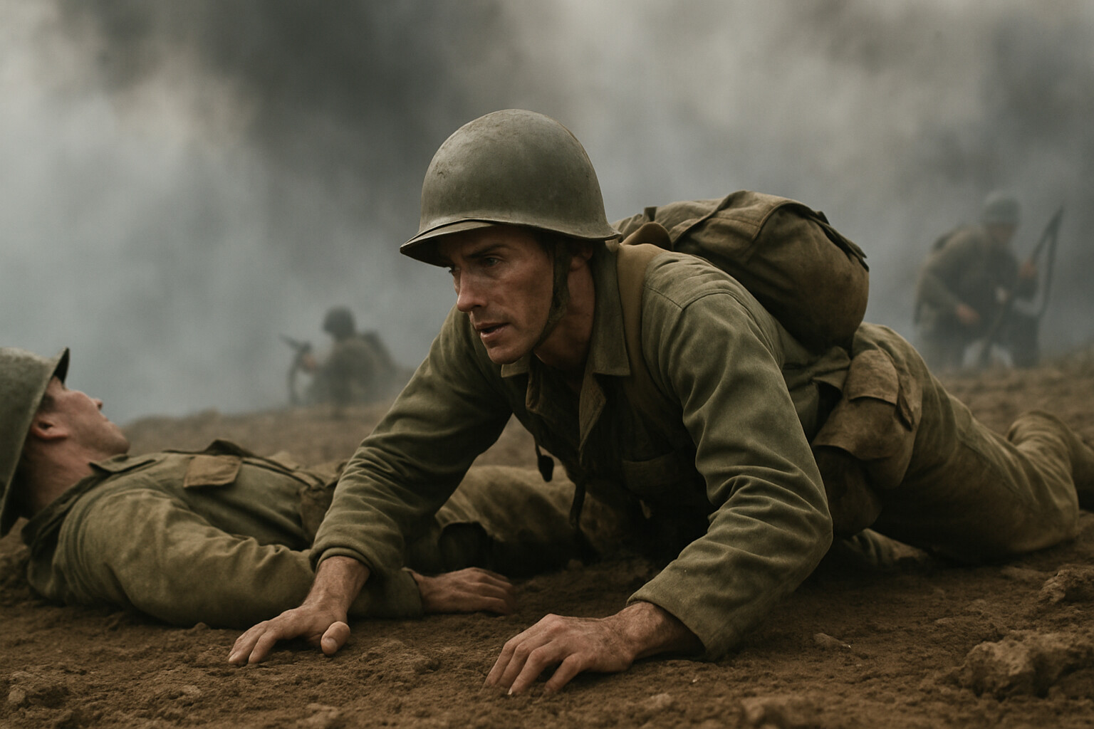 Doss moves across the exposed Okinawan plateau to reach a wounded soldier.
