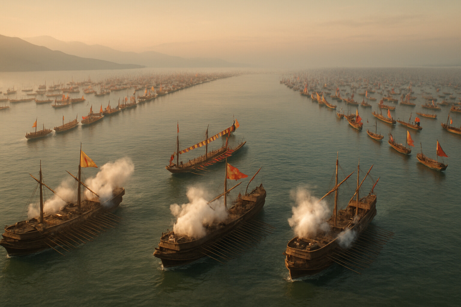 Cold open: dawn over the Gulf of Patras, smoke rising from the Venetian galleasses positioned ahead of the Holy League line, as the Ottoman fleet advances from the east. The moment before the two lines close.