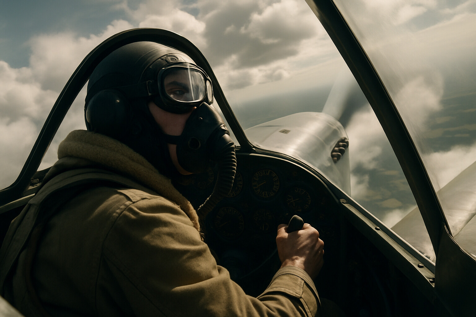 Hero/action panel: Bader in the cockpit of a Spitfire during an operational scramble, face tense behind the oxygen mask, August 1940 or 1941. The aircraft is climbing steeply, the English coastline visible far below through broken cloud.