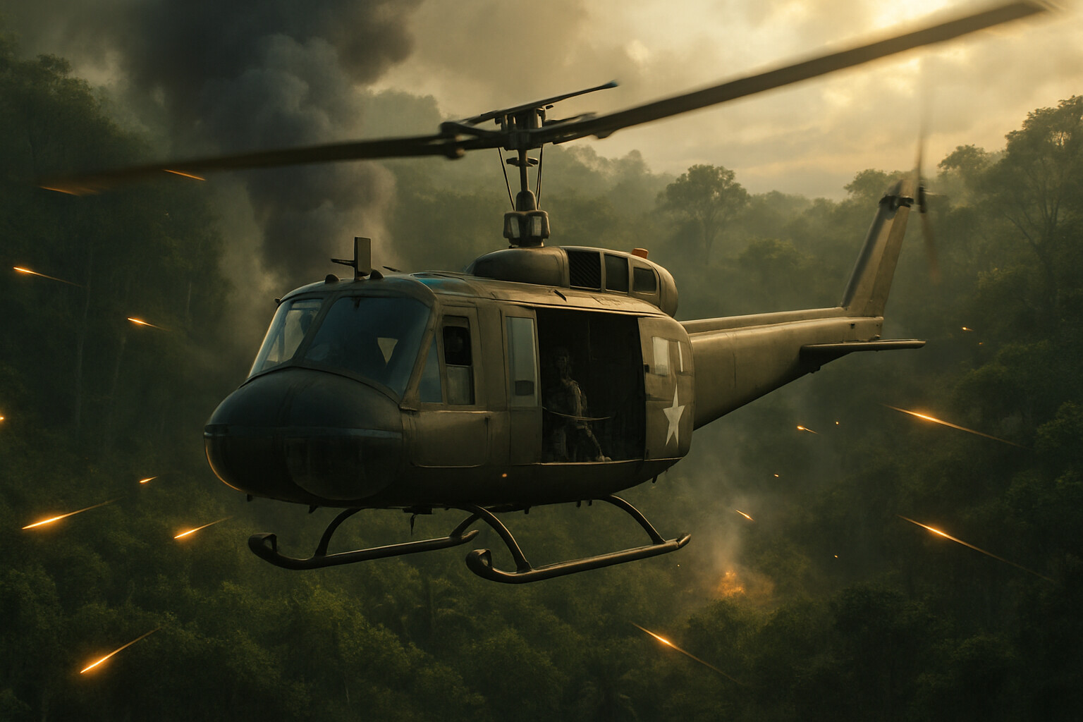 Freeman's UH-1 Huey approaching Landing Zone X-Ray through enemy fire, with tracers streaking past the aircraft and smoke rising from the jungle battlefield below