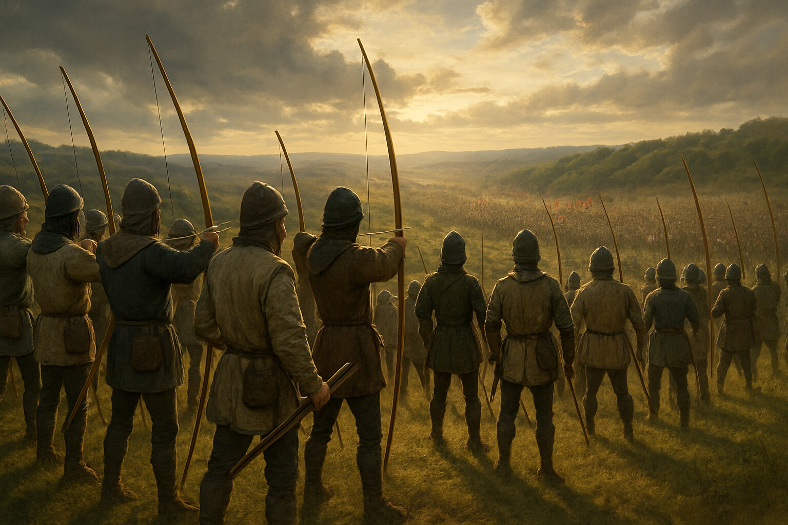 The cold open — English archers on the ridge at Crécy in the late afternoon sun, watching the French army come into view across the valley below. The tension before the arrow release.