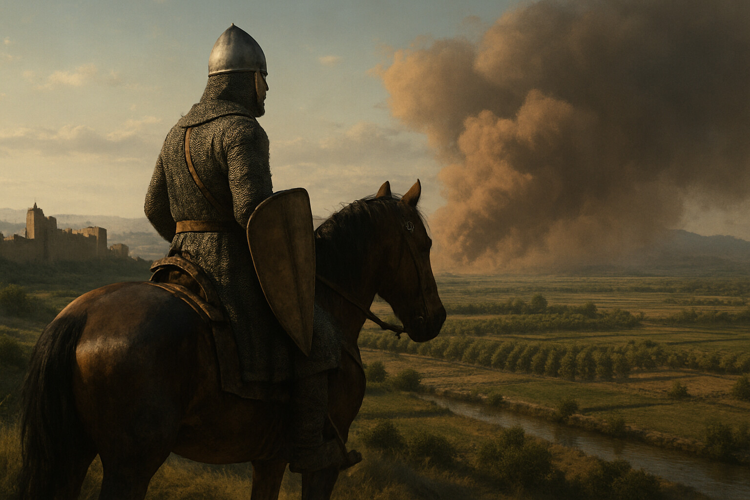 Cold open: Rodrigo on horseback above the plain of Valencia, watching a brown dust cloud on the southern horizon that marks the approach of the Almoravid army. Tense, still, professional — a commander reading the battlefield.