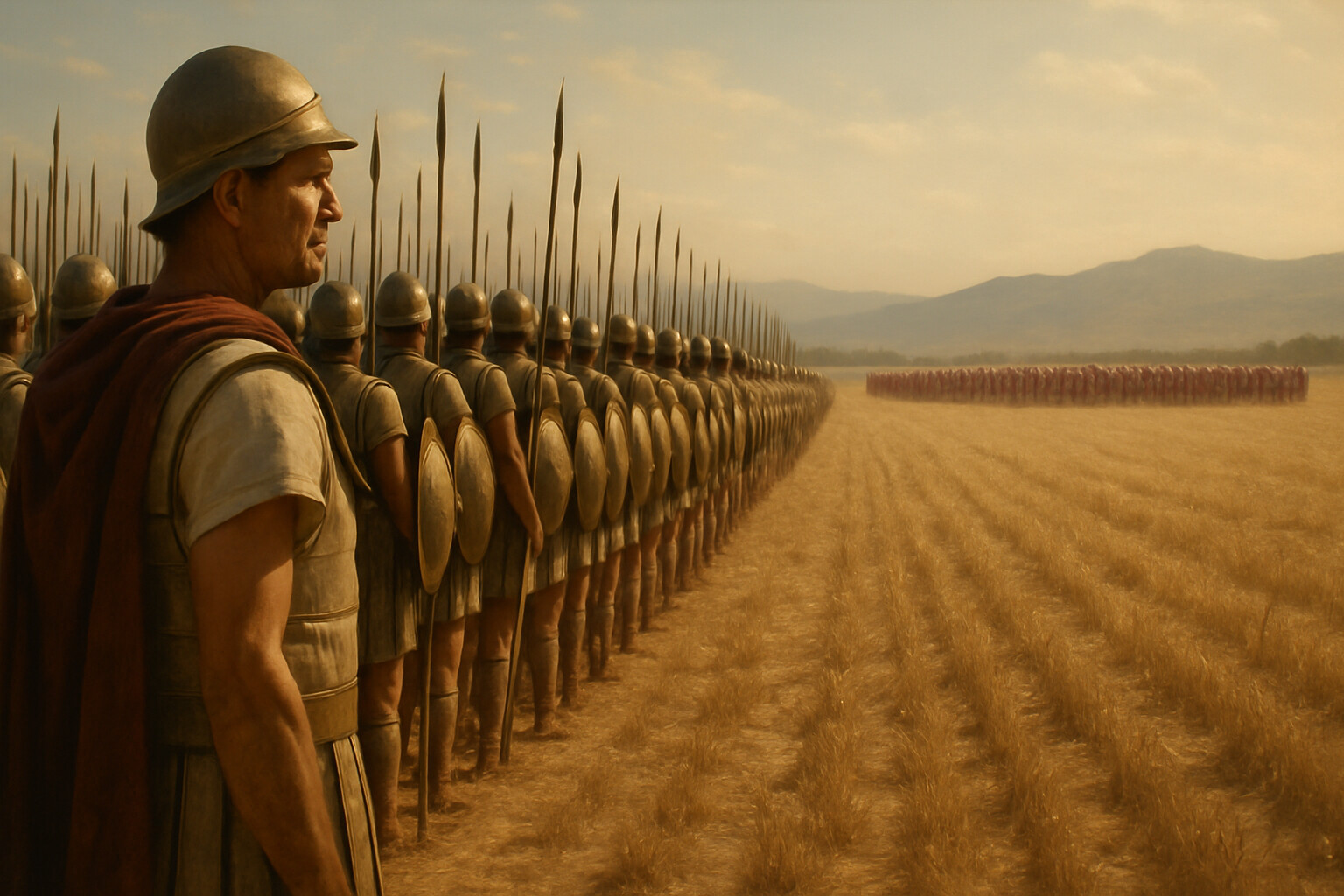 Cold open: Epaminondas on the Theban left, watching the Spartan formation form across the plain. Pre-battle tension, summer heat, the two armies facing each other.