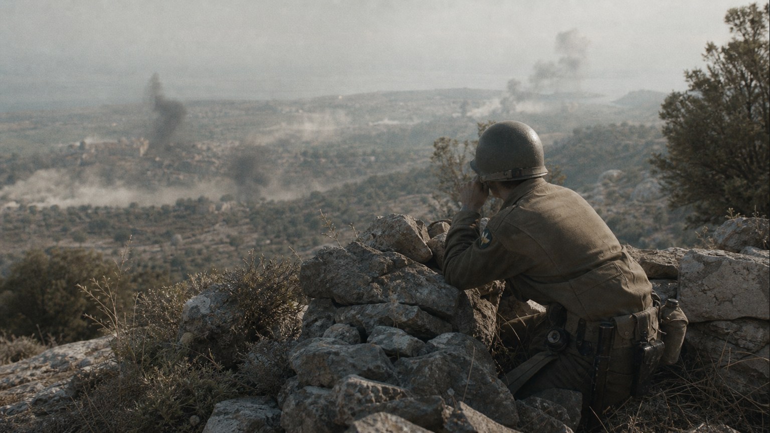 Ernest Childers pinned down by German machine gun fire, studying the enemy position through morning mountain haze