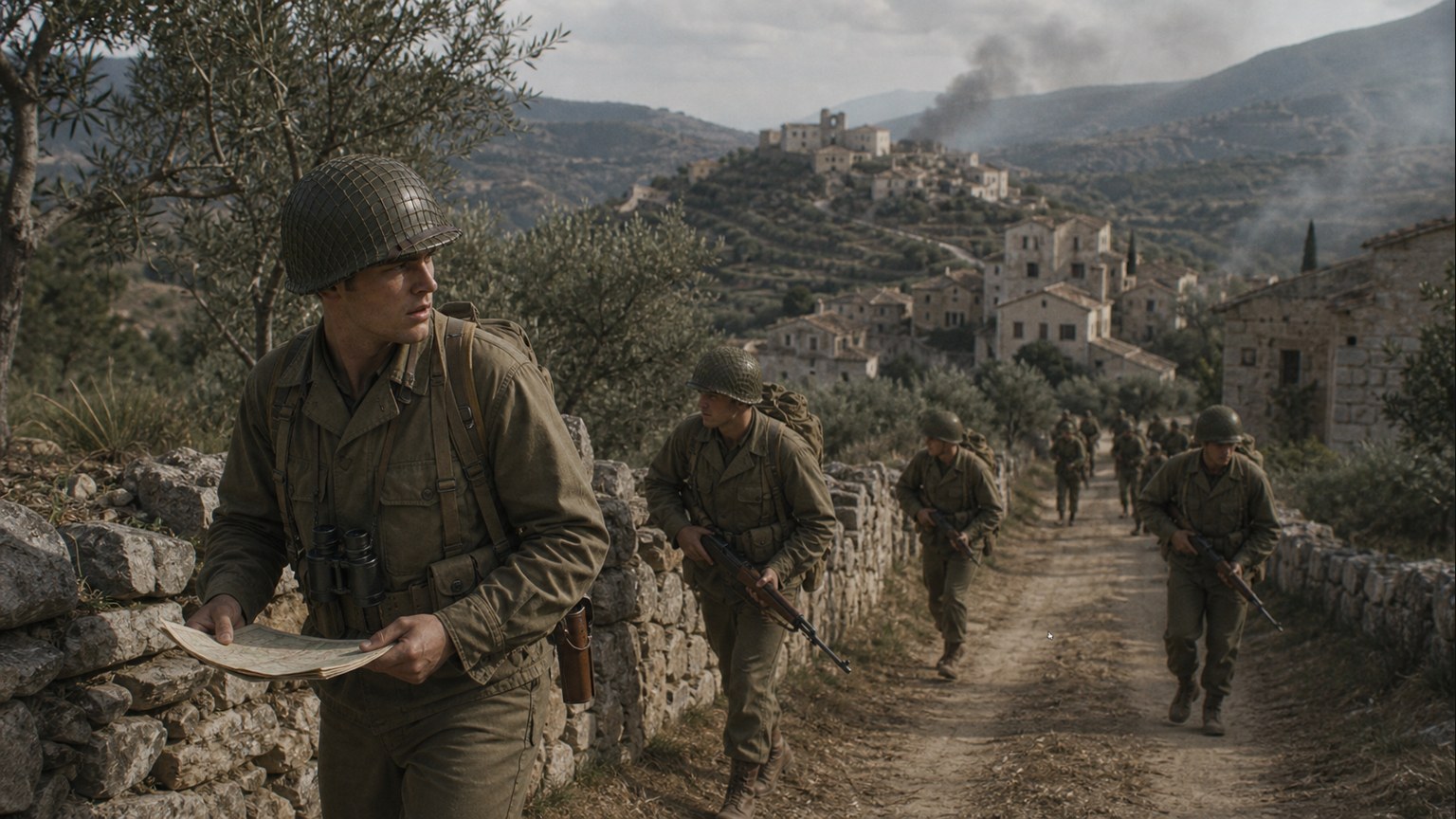 Childers beginning his solo assault, crossing open ground under fire with his injured foot