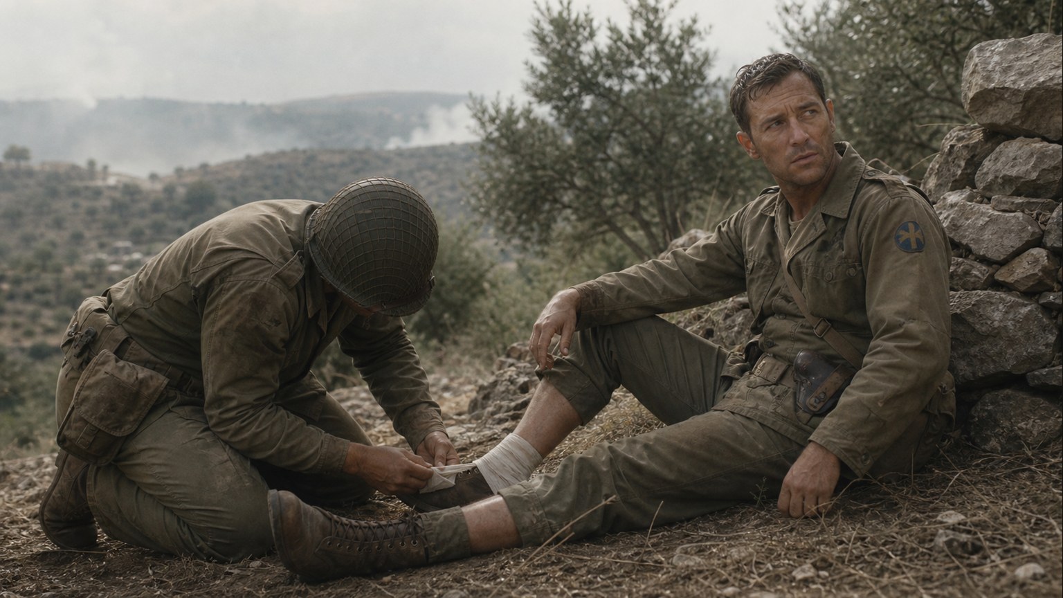 American soldiers advancing up the hill after Childers eliminated the machine gun position