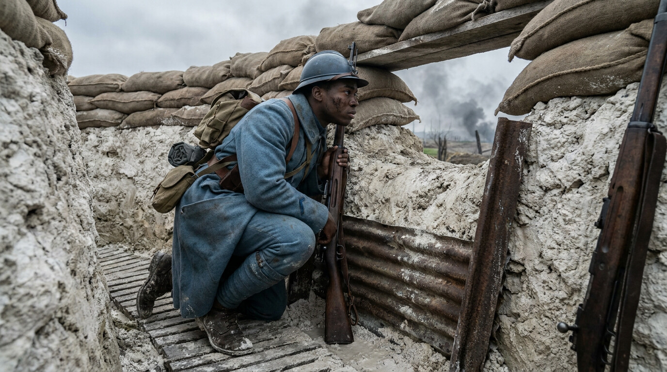 Cold open: A young Black man in French Foreign Legion horizon-blue infantry uniform crouches in a chalk-white trench at Verdun, 1916. Artillery smoke fills the sky. Shell craters visible beyond the parapet. His face is controlled, watchful. The trench walls are sandbag-reinforced, with duckboards underfoot half-submerged in mud.