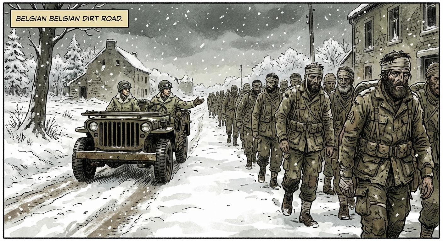 American cavalry scouts in a jeep encounter disheveled 101st Airborne stragglers trudging through heavy snow