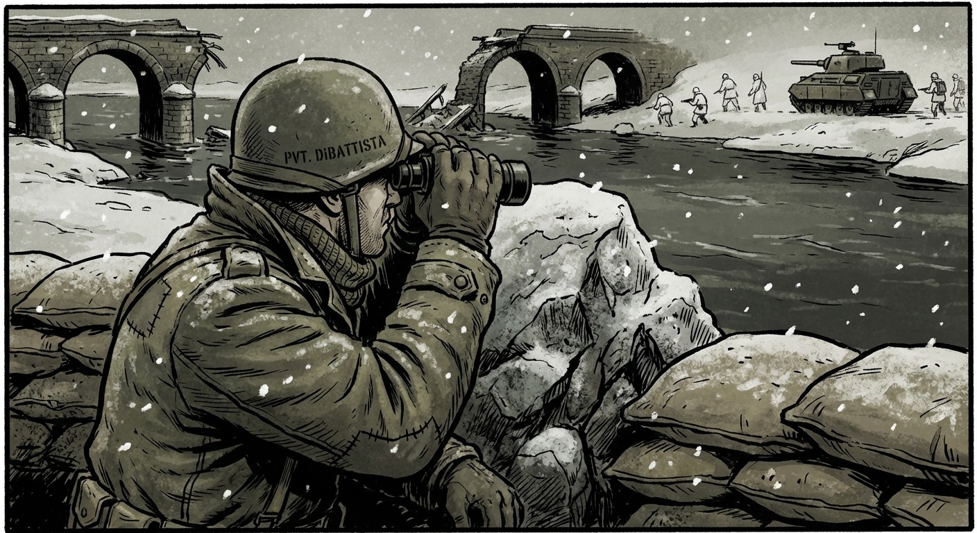 The scouts observe the destroyed bridge and German positions through binoculars