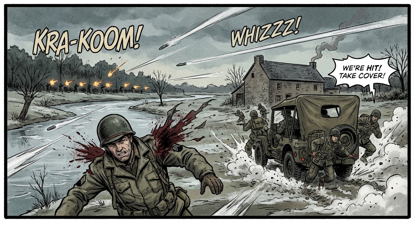 German forces open fire, lieutenant is hit, American scouts dive for cover