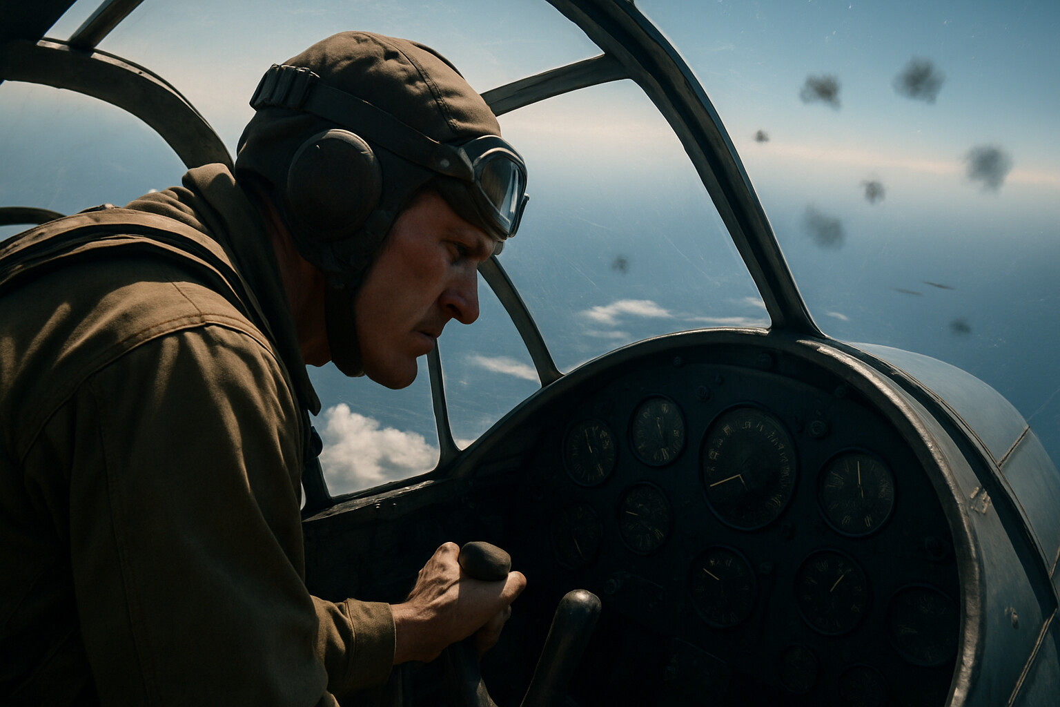 Hero shot: Wade McClusky in the cockpit of his SBD Dauntless at the moment of push-over into his dive, 14,000 feet above the Japanese carriers, clouds below and the Pacific stretching to the horizon. Japanese anti-aircraft bursts beginning to appear around him.