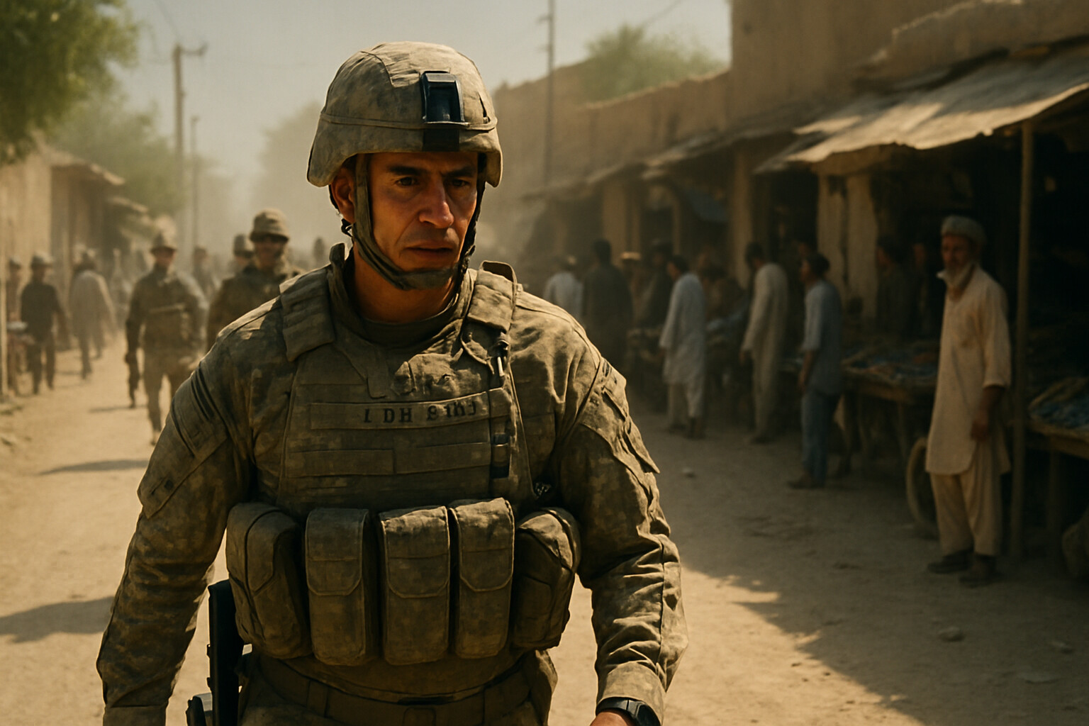 Cold open: Captain Groberg in the formation, the moment of recognition — his eyes fixed on an approaching figure in the crowded Asadabad street, the rest of the formation behind him, the weight of what he is about to do written in his posture and focus.