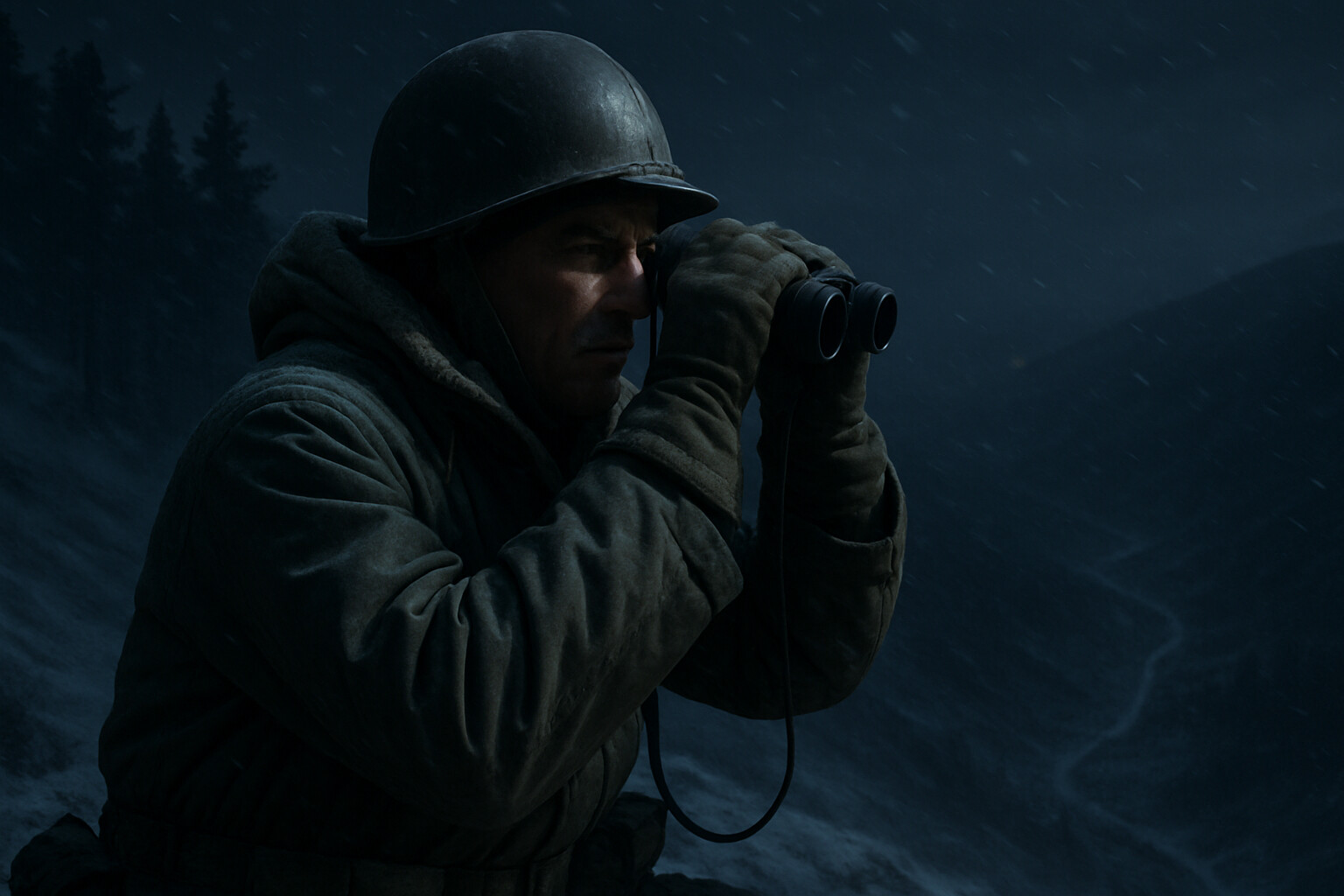 Cold open: Captain Barber at the crest of Hill 1653 in full darkness, studying the frozen slope below with binoculars. Wind-driven snow. The mountain pass road is barely visible far below. The tension of a commander knowing the attack is coming.