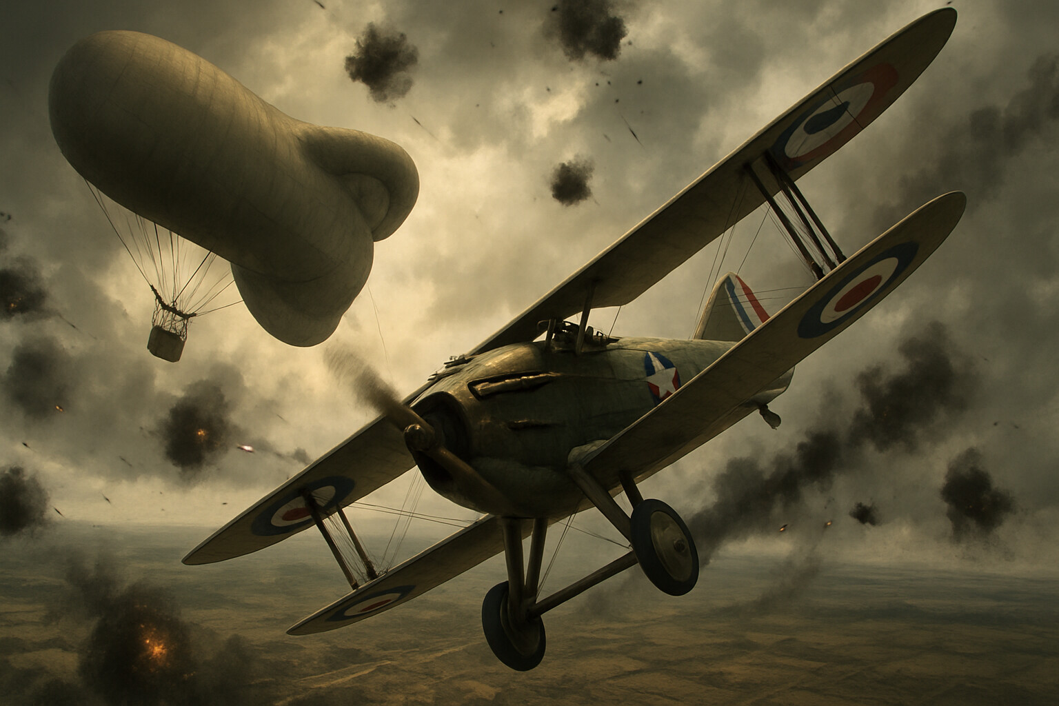 Luke's SPAD XIII diving through anti-aircraft fire toward a German observation balloon