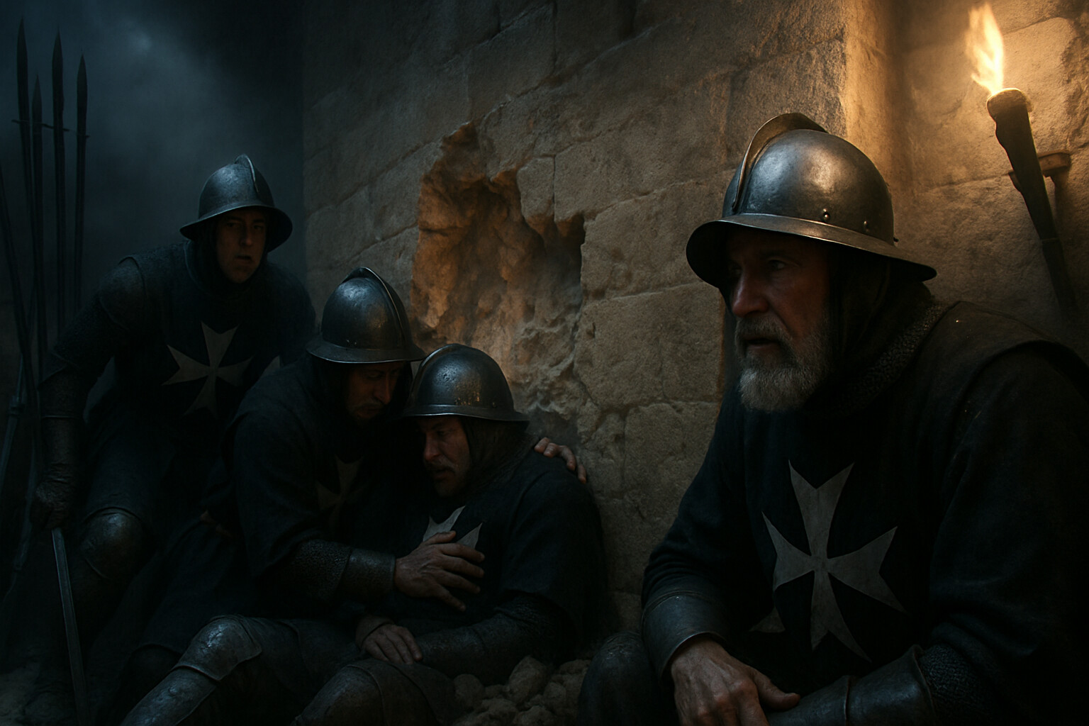 Cold open: pre-dawn moment inside Fort Saint Elmo just after an Ottoman cannonball impact. Defenders pressed against crumbling limestone walls in darkness and dust.