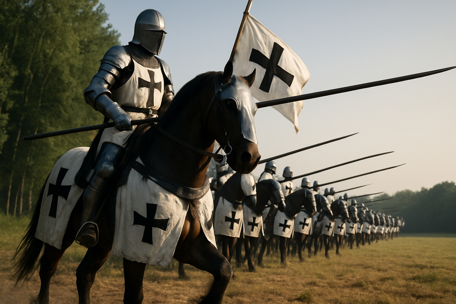 Cold open: The moment before the Teutonic cavalry charge on the Lithuanian wing. A Teutonic knight in full late-medieval plate armor on a massive destrier, lance leveled, with dozens of similarly armored knights behind him, their white mantles with black crosses catching the morning light. Forest edges visible on both sides of the field. Tension before violence.