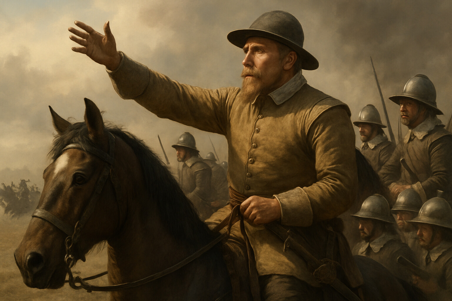 Hero/Action: Gustavus Adolphus on horseback directing cavalry on the Swedish right wing as Pappenheim's cuirassiers charge across the smoke-hazed plain; the decisive personal command moment