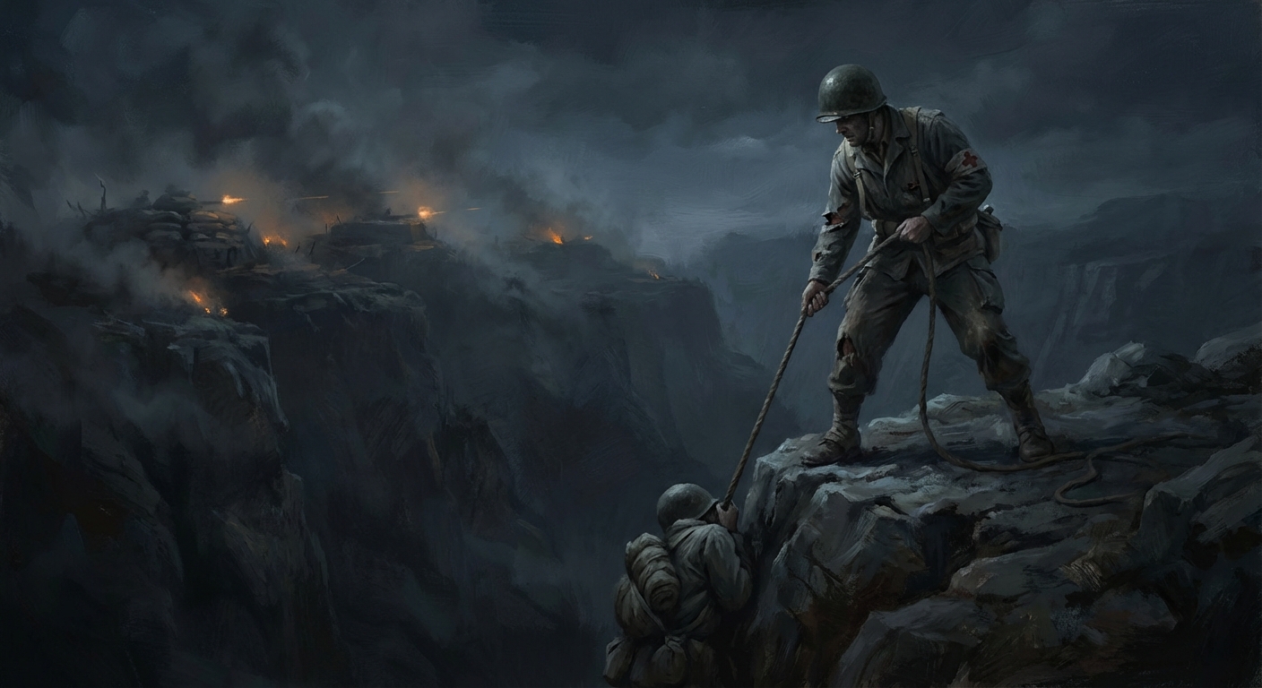 Doss lowering wounded men down the cliff at night
