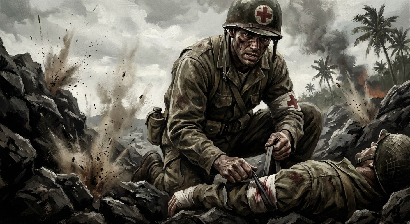Doss treating wounded soldiers on the ridge under fire