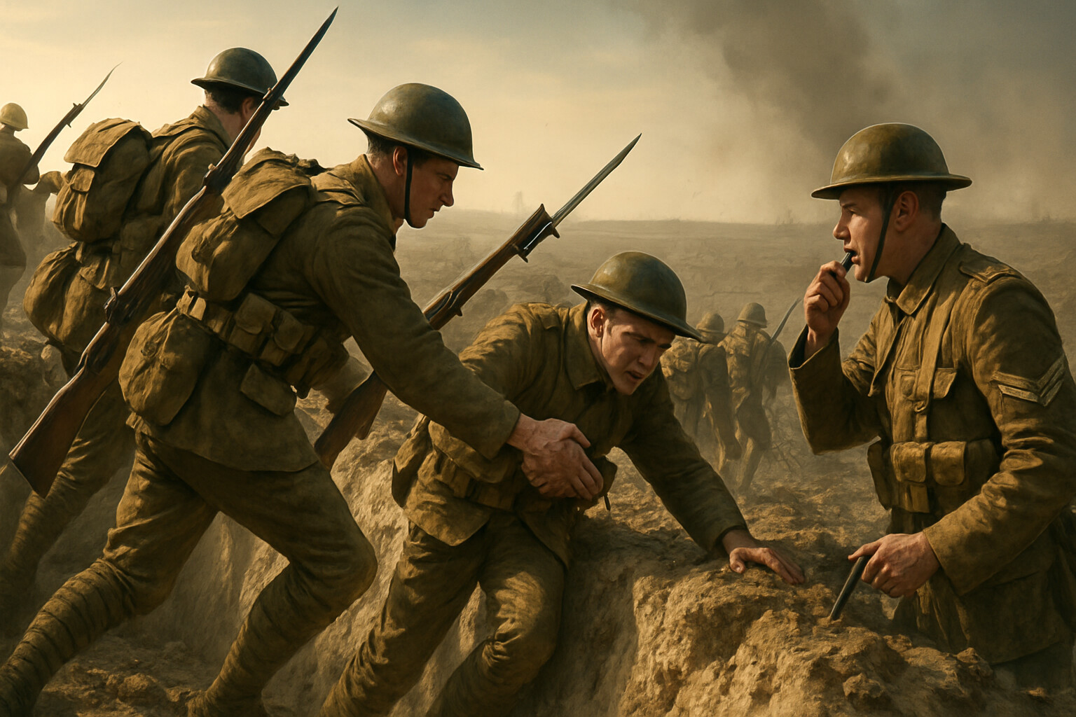 Hero/action panel: Zero hour, 7:30 a.m., 1 July 1916. The moment British infantry climb out of the trenches and begin walking forward across No Man's Land on the Somme.