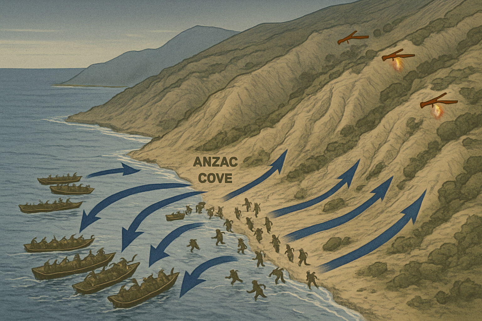 The ANZAC landing at dawn, 25 April 1915: crowded wooden boats coming to shore in early morning darkness below steep, uncharted cliffs, men wading through dark water with rifles held above their heads