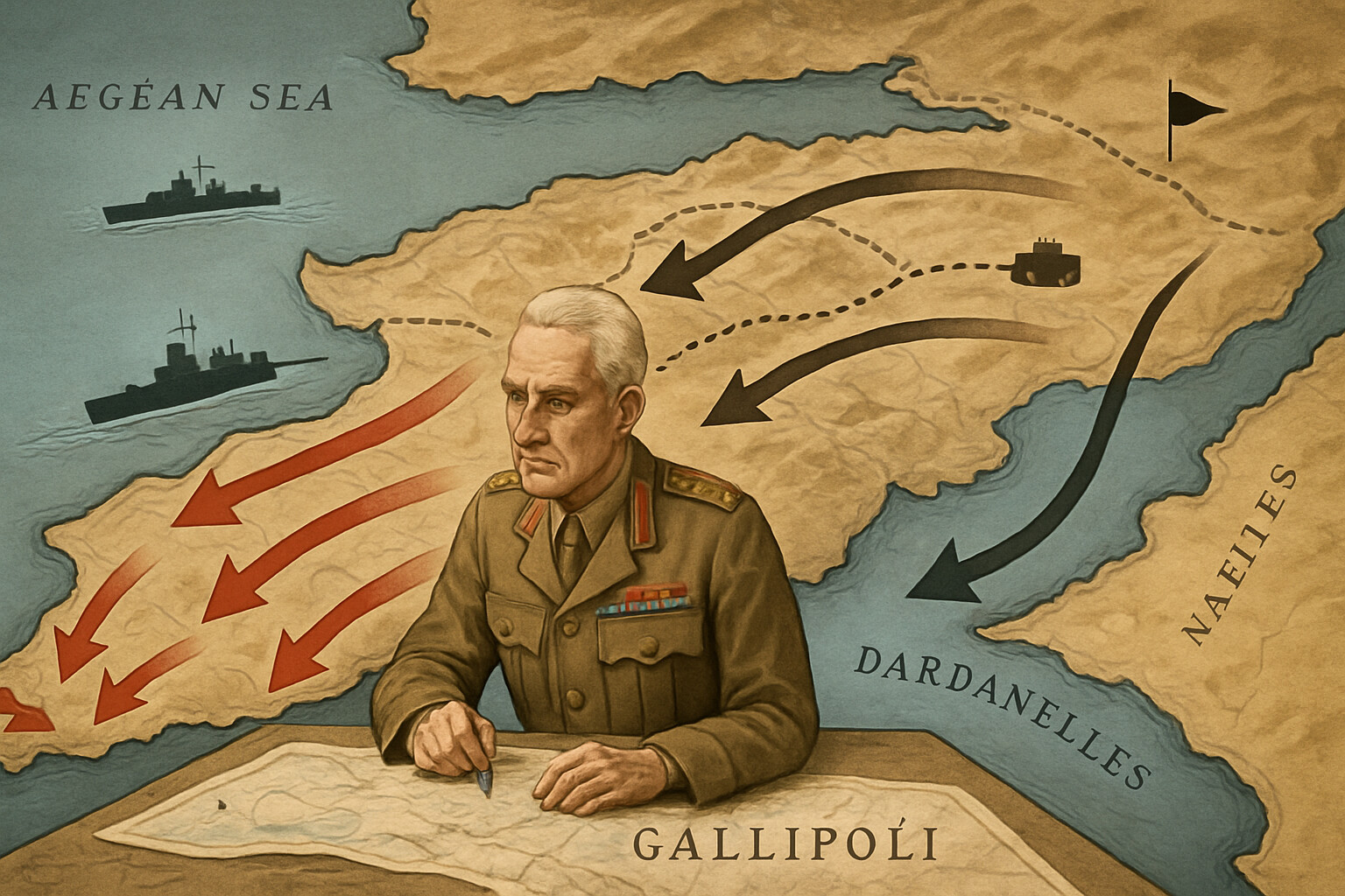General Sir Ian Hamilton aboard the command ship HMS Arcadian, offshore, waiting for fragmentary reports. An officer at his command table surrounded by incomplete maps, signal papers, and the distant sound of gunfire.