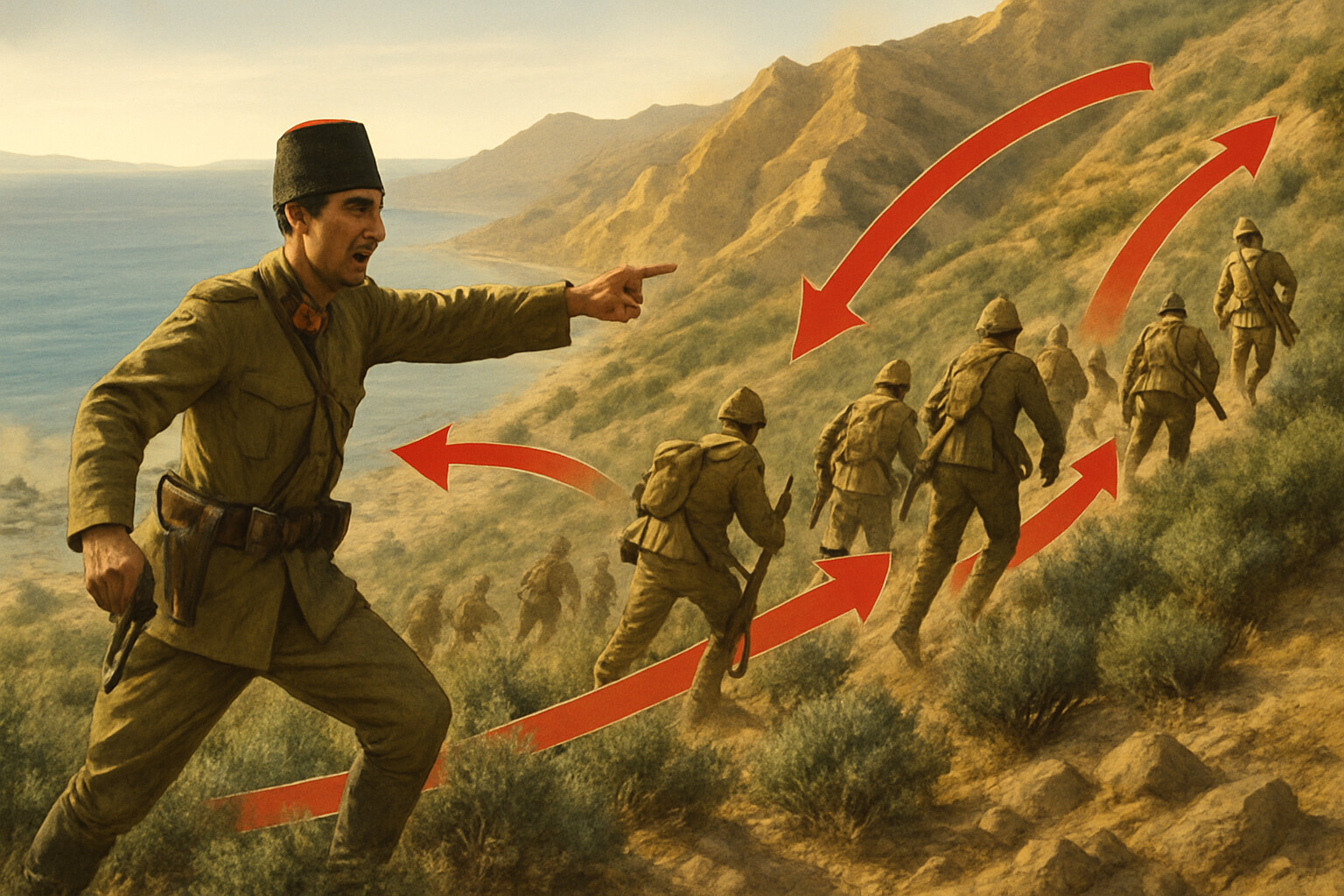 Mustafa Kemal on the Sari Bair ridge, directing his regiment forward on the morning of 25 April — the decisive tactical moment that contained the ANZAC advance