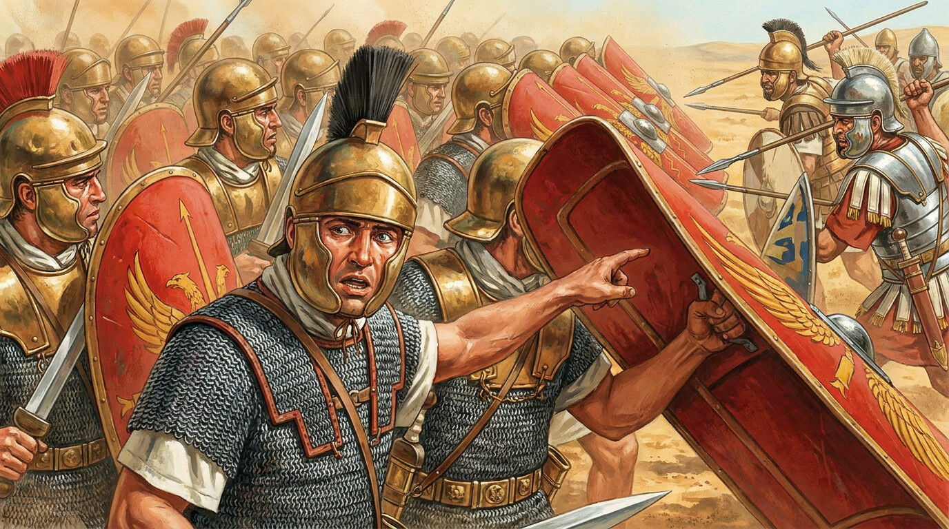 Cold open: The moment the Roman center realizes it is surrounded. Soldiers packed so tightly they cannot raise weapons, shields pressing inward, dust and noise, the walls of men closing in from all sides. A Roman infantryman near the edge of the formation turning to look back and seeing Carthaginian soldiers where Romans should be.
