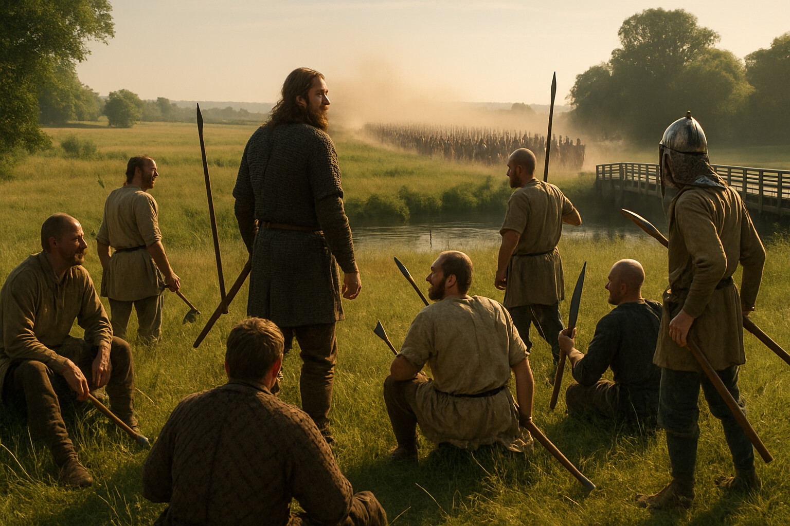 The cold open: dust rising on the Roman road west of Stamford Bridge as the English army appears in the distance. Norse warriors in the meadow, some without armor, turning to look at the approaching force with dawning alarm.