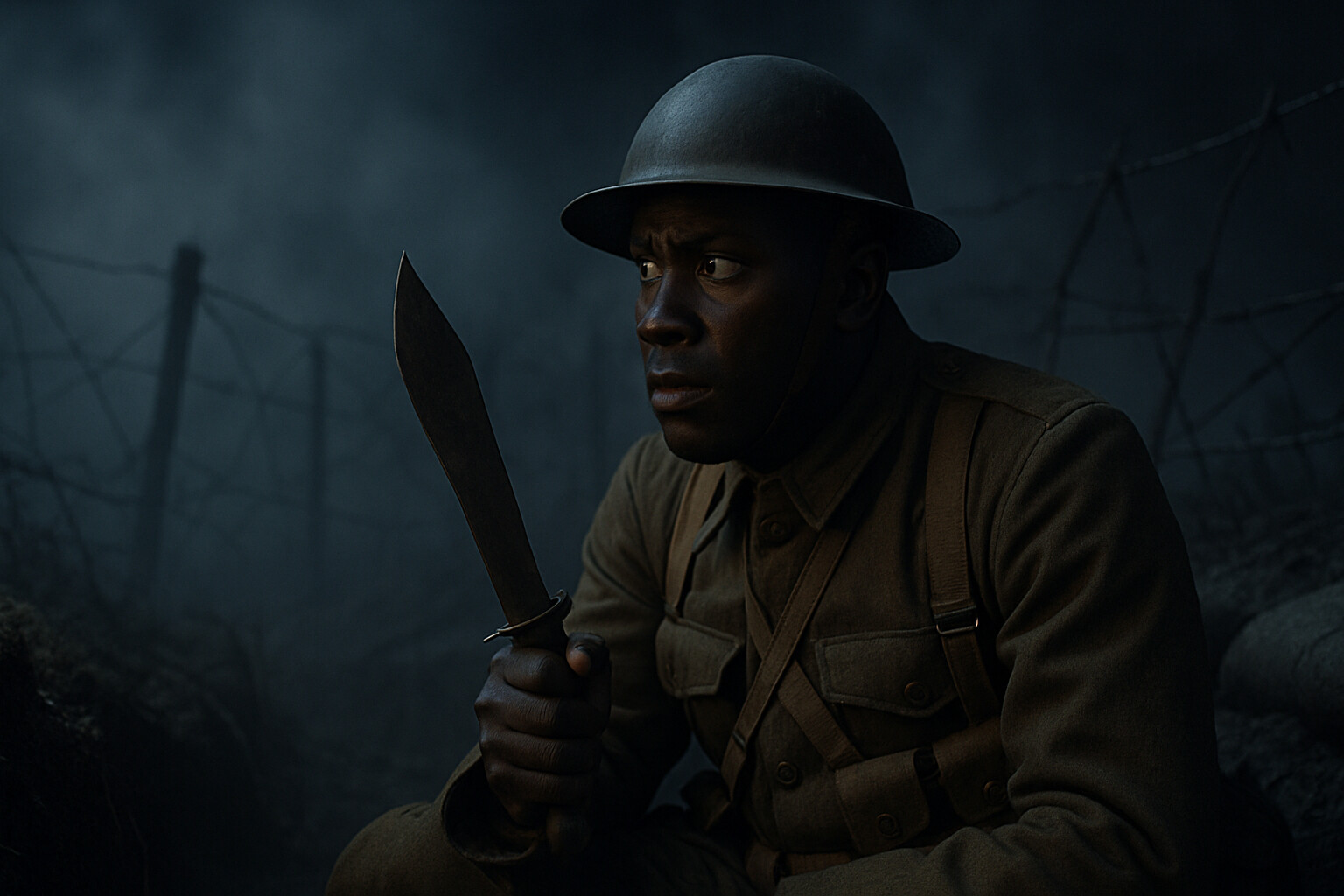 Henry Johnson listens in the dark as a German raiding party moves toward the wire.