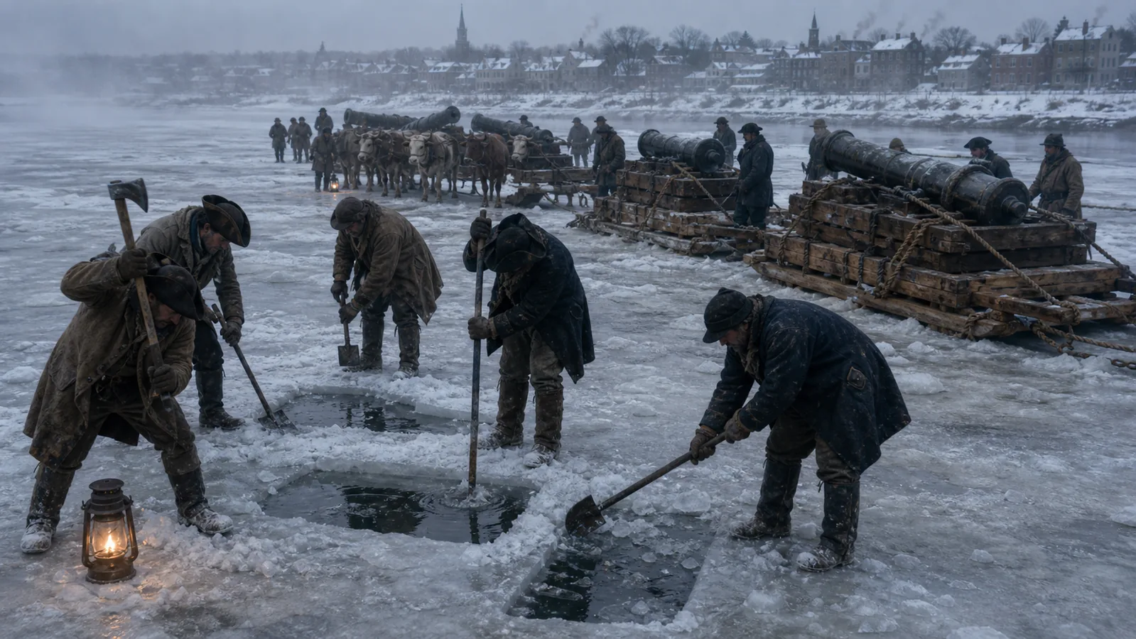 Men cutting holes in Hudson River ice near Albany to thicken the crossing