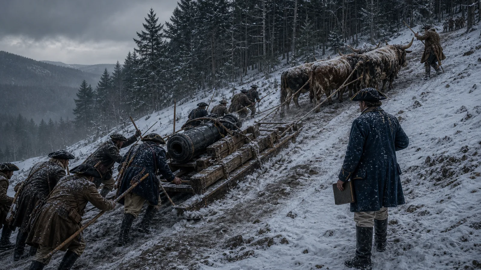 Knox artillery train hauling a cannon sled up a brutal Berkshire hill