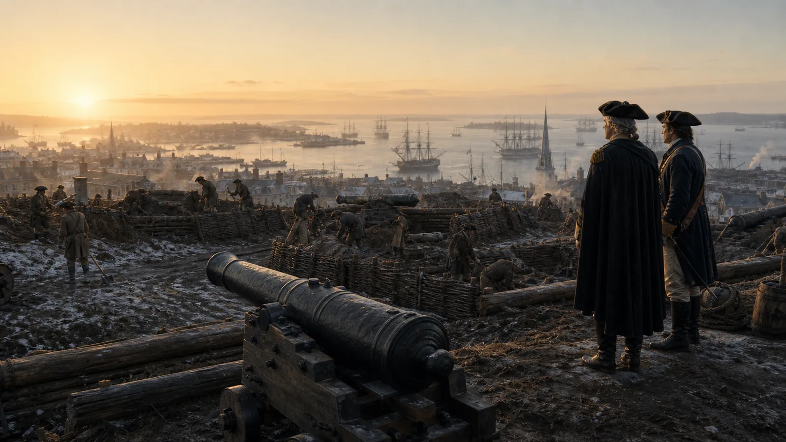 Artillery on Dorchester Heights threatening Boston Harbor