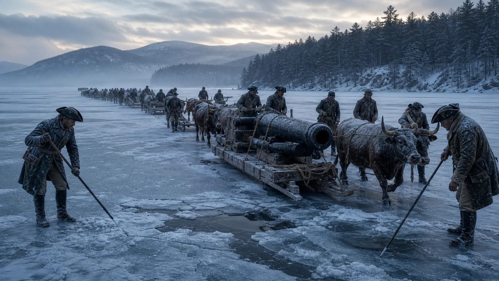 Knox artillery sleds crossing a frozen lake surface