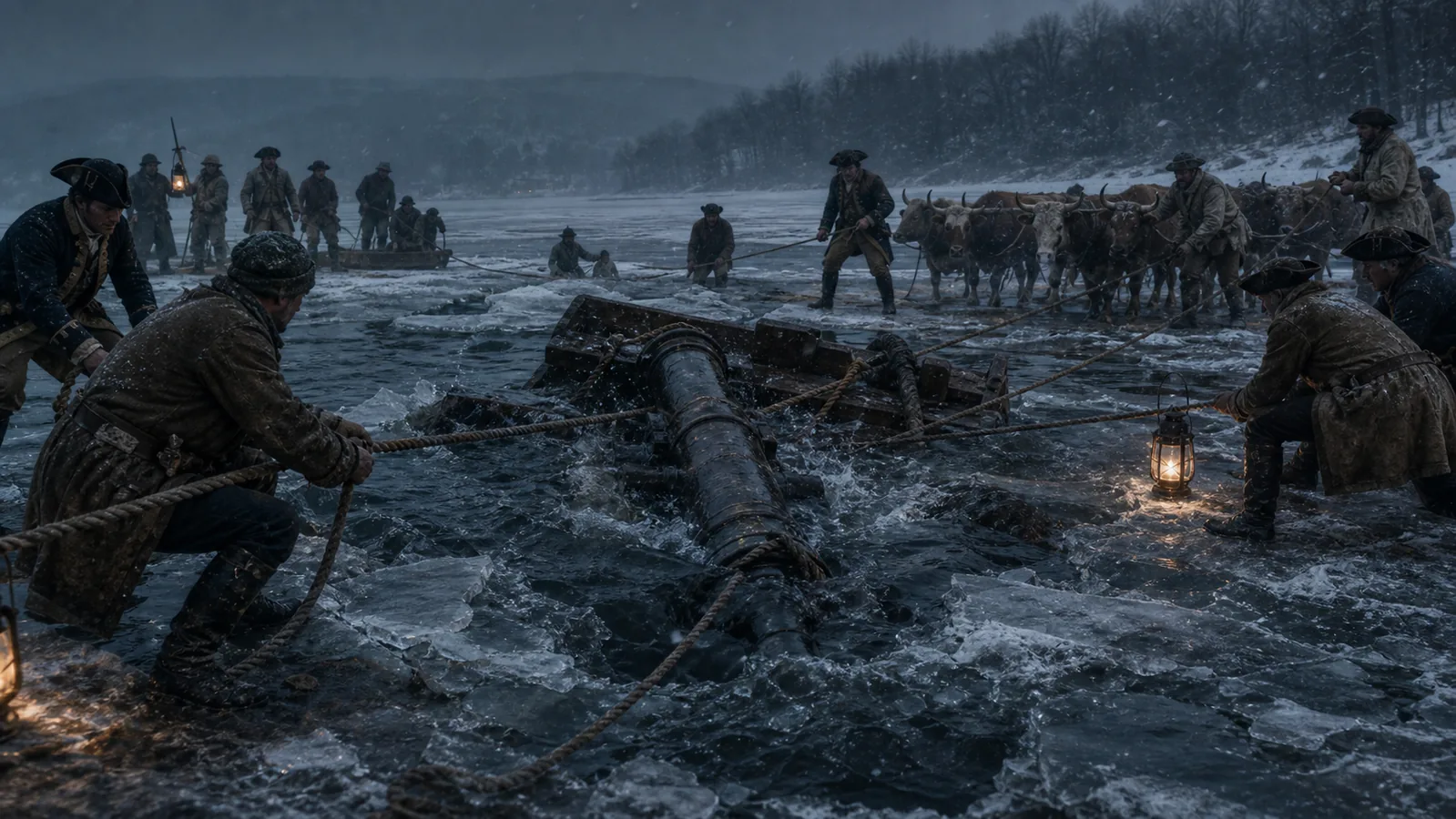 Cannon sled breaking through Hudson River ice near Half Moon