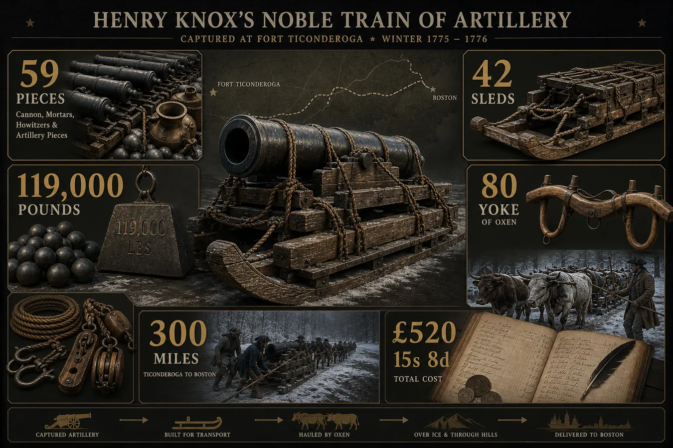 Inventory breakdown of Knox artillery, sleds, oxen, route distance, and cost
