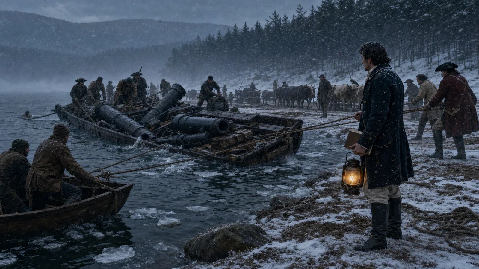 Henry Knox directing the recovery of artillery from a foundering Lake George scow