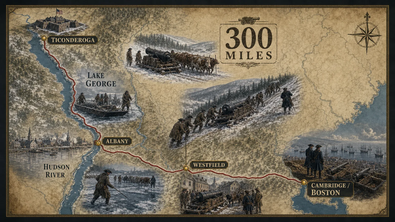 Illustrated route map of Henry Knox Noble Train from Ticonderoga to Cambridge