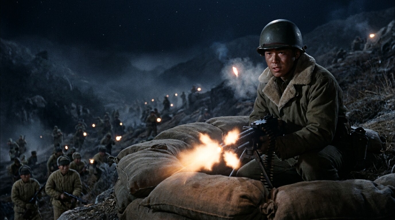 Miyamura at his machine gun position in the pre-dawn darkness, muzzle flashes illuminating his determined face as Chinese forces attack across the valley